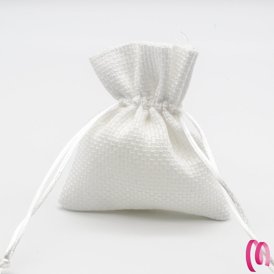 Sacchetto portaconfetti in cotone bianco con targhetta e confetti