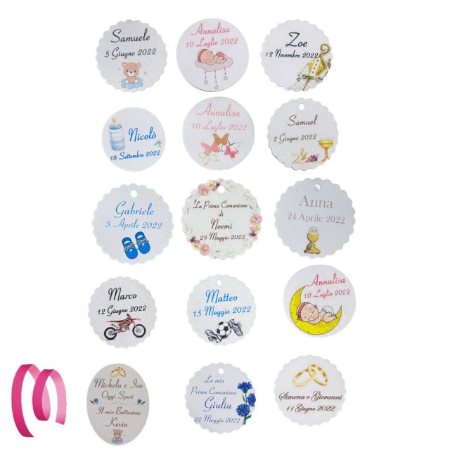 Kit simpatico personalizzato : 10 bomboniere personalizzate ed etichette  allegre